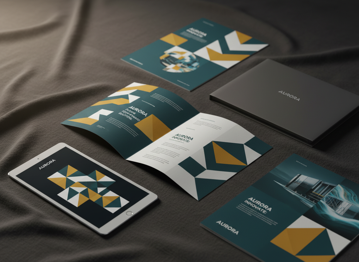 A set of beautifully printed marketing materials for a fictional modern brand, arranged in a harmonious layout on a dark charcoal linen backdrop. A tri-fold brochure with bold geometric shapes in teal, mustard, and white sits open, revealing well-structured typography and clear hierarchy. Nearby, a glossy presentation folder holds a few partially visible, full-color posters showcasing sleek layouts. A tablet rests to the side, displaying the same campaign visuals in digital format, reinforcing cross-media consistency. Directional soft lighting from the upper left creates gentle highlights on the coated papers and slightly deeper shadows in fabric folds, enhancing tactility. Photographic realism, shot at a three-quarter overhead angle with shallow depth of field, placing the central brochure in crisp focus while the edges softly blur, conveying refined creativity and brand coherence.