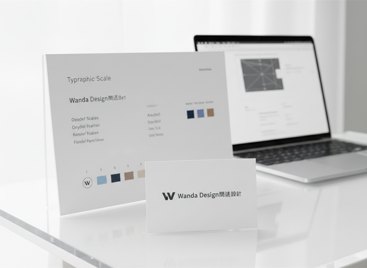 An ultra-clean branding mockup scene showing a new logo concept for “Wanda Design問達設計” printed in deep charcoal gray on thick, textured white card stock, placed on a subtly reflective white acrylic surface. Behind it, a larger vertical board features a simplified brand guidelines page with a typographic scale, primary color swatches in cool blues and warm neutrals, and minimal iconography. A slim silver laptop sits half-open in the background, screen softly glowing with a wireframe layout of a presentation deck. Bright, diffused daylight floods the space, eliminating harsh shadows and reinforcing a crisp, modern look. Photographic realism, centered composition with generous negative space, captured at a slightly elevated angle, creating a precise, polished, and trustworthy impression of a high-end graphic design firm.