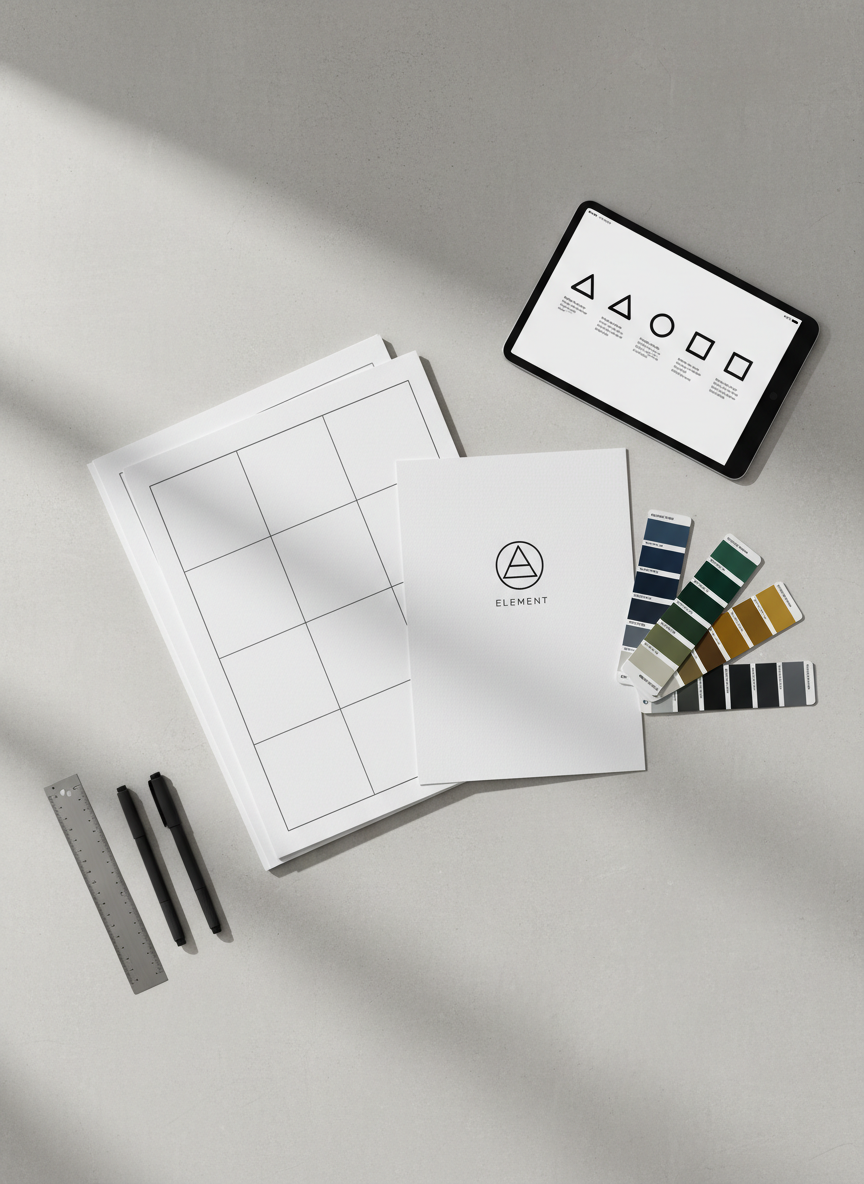 A meticulously arranged flat lay of premium graphic design materials on a smooth light-gray concrete desk, featuring a stack of unbranded A4 brochures with clean grid layouts, a minimalist logo on a crisp white letterhead, and a set of color-calibrated Pantone swatches fanned out beside them. A sleek black tablet displays a modern brand identity board with geometric icons and a balanced typographic system. Soft diffused daylight from an unseen window to the left creates gentle shadows and subtle reflections on a brushed metal ruler and matte black pens. Photographic realism with a clean, modern aesthetic, captured from a true top-down bird’s-eye view, sharp focus throughout, conveying precision, professionalism, and thoughtful design craftsmanship for a contemporary graphic design studio.