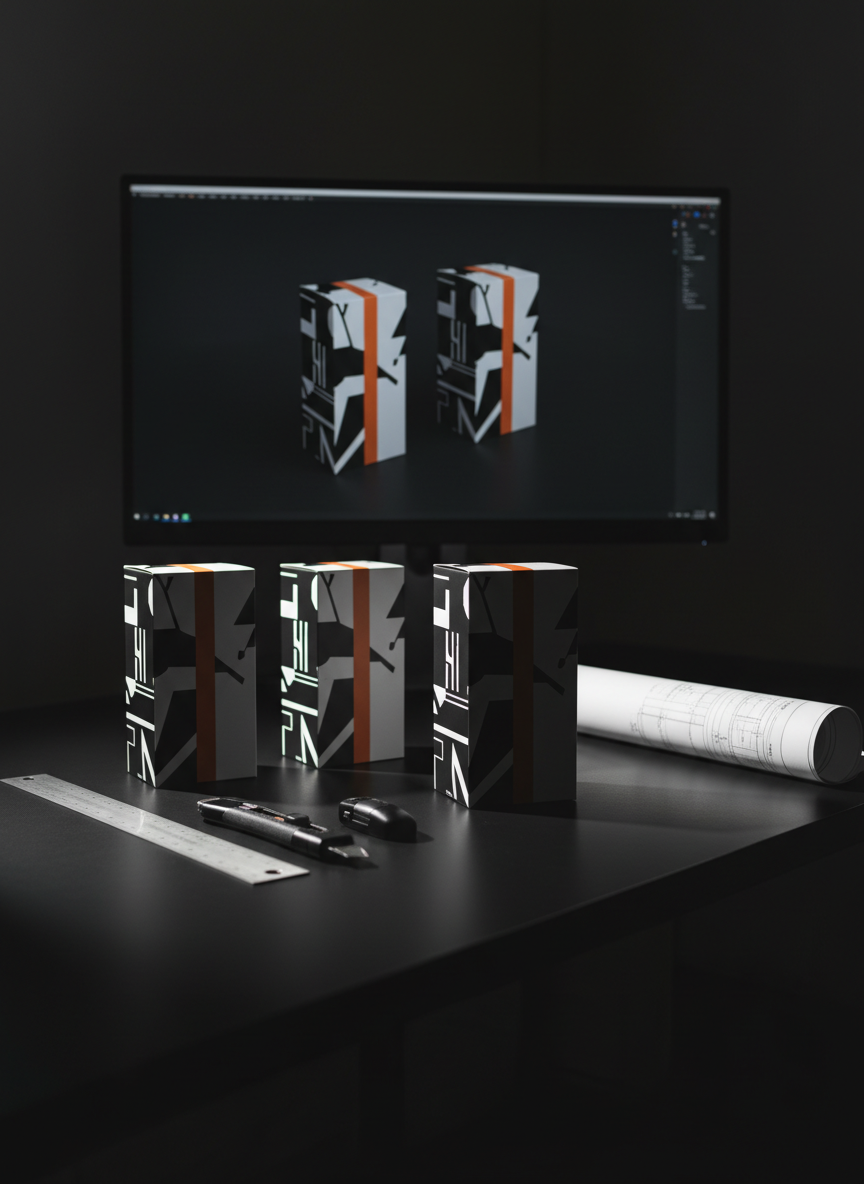 A dramatic, high-contrast workspace dedicated to packaging design, featuring three prototype product boxes with flawless edges and bold, minimalist graphics in black, white, and a single accent color of vivid orange. The boxes rest on a matte black desk along with a metal ruler, precision cutter, and a carefully rolled blueprint of dielines. A large calibrated monitor in the background shows a 3D render of the same packaging, confirming alignment between physical mockups and digital visuals. Focused, directional lighting from the right carves out crisp highlights along box edges and creates deep, intentional shadows, adding dimensionality. Photographic realism with a low, slightly angled perspective, emphasizing depth and structure. The overall mood is bold, technical, and exacting, underscoring expert craftsmanship in professional graphic and package design.