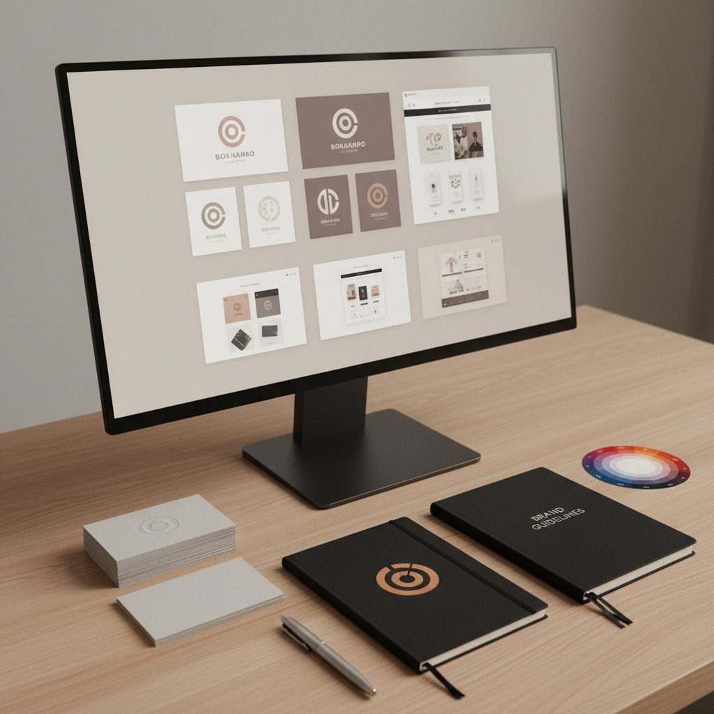 A close-up desktop scene of an elegant visual identity presentation in progress, with a large, ultra-thin monitor displaying a grid of logo variations and branding mockups on a neutral beige background. In front of the monitor, neatly stacked business cards with blind-embossed logos sit beside a pair of matte black notebooks featuring foil-stamped covers. The desk surface is warm light oak, uncluttered except for a silver metal pen and a color wheel card. Soft studio lighting from above and the right creates a balanced, shadow-free environment, emphasizing textures like thick cotton paper and subtle metallic finishes. Photographic realism at an eye-level angle, slightly pulled back, producing a calm, confident, and highly professional atmosphere suitable for a premium graphic design agency.